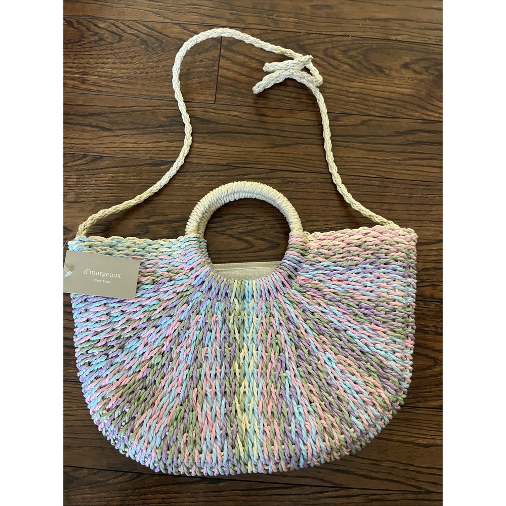 D'margeaux Rectangle Straw Bag Circle Handle Crosdbody Pastel Rainbow Beach NWT